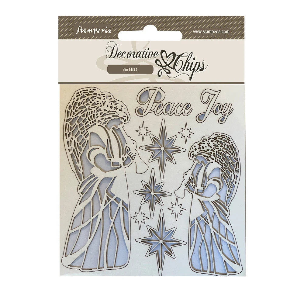 Decorative chips packaging with angel figures, stars, and 'Peace Joy' text on a beige background.