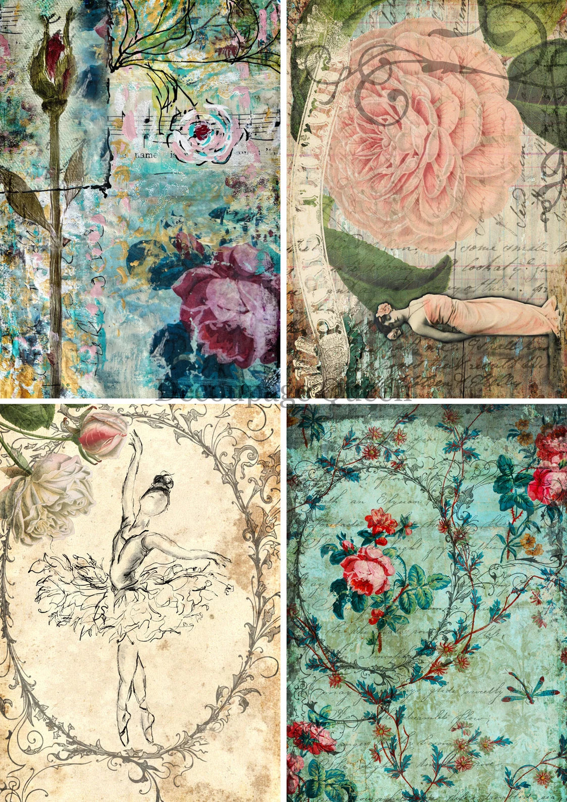 Decoupage Queen Sweet and Sassy 4 PACK A4 Rice Paper Flowers DQRP0453  (Retired 2.25)