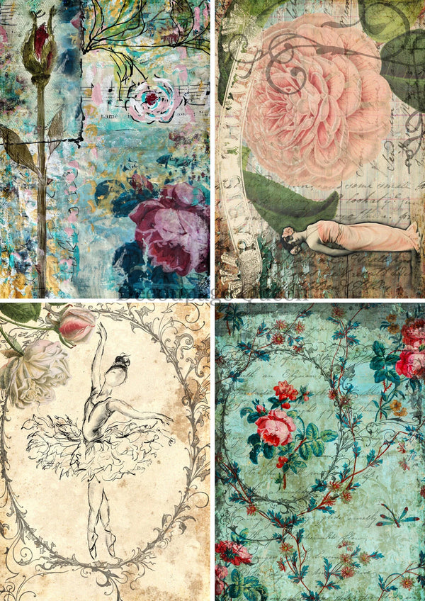 Decoupage Queen Sweet and Sassy 4 PACK A4 Rice Paper Flowers DQRP0453  (Retired 2.25)