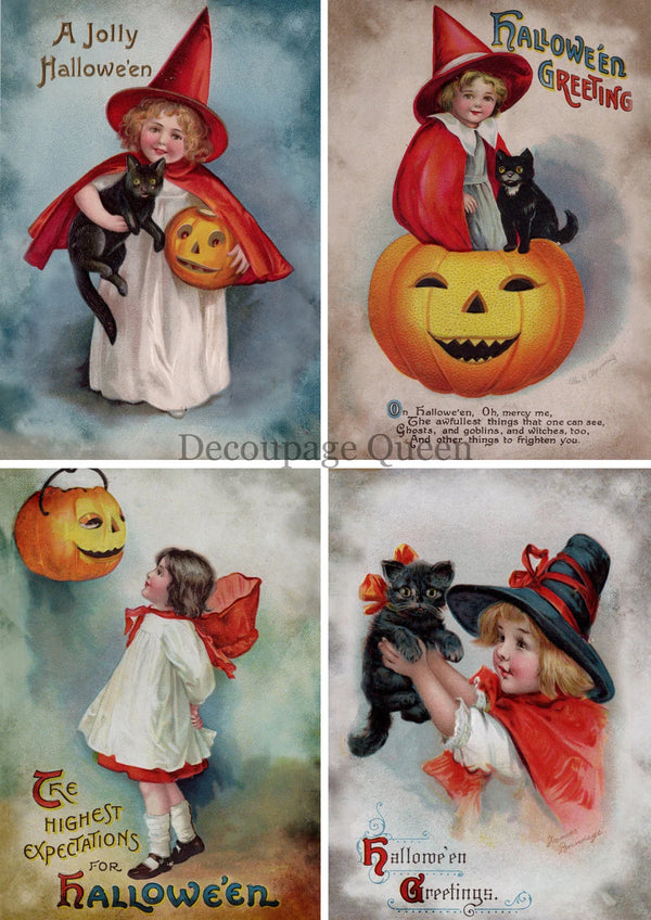 Decoupage Queen FOUR Little WITCHES Cards A4 VELLUM Paper DQVP0498 Limited Edition
