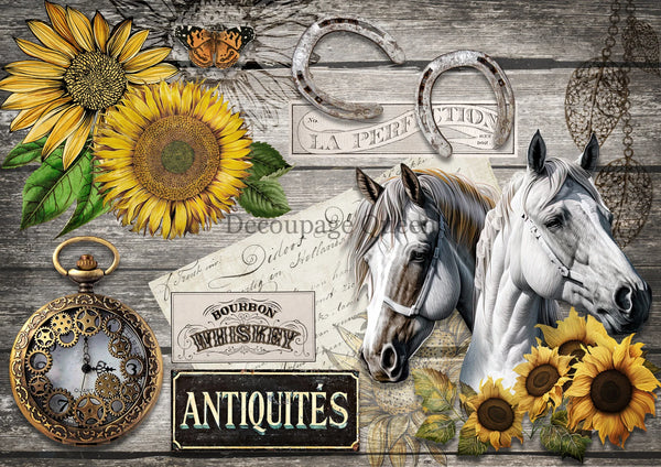 Decoupage Queen PERFECT FRIENDS Horses Sunflower A4 Rice Paper DQRP0493