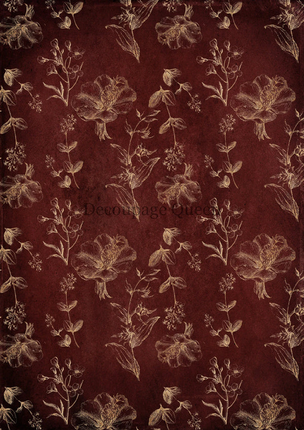 Decoupage Queen RED and GOLD FLORAL Background A4 Rice Paper DQRP0487