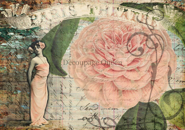 Decoupage Queen Sweet and Sassy PARIS THEATRE A4 Rice Paper Flowers DQRP0449  (Retired 2.25)