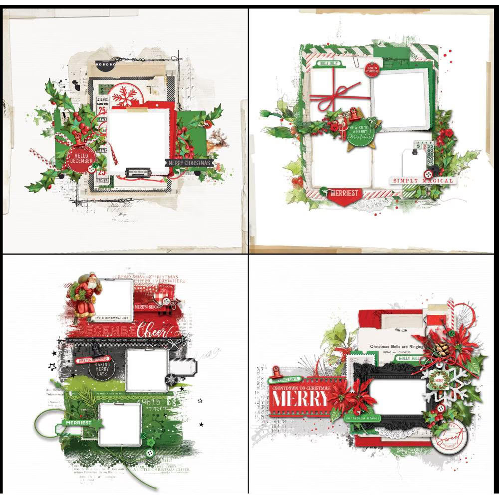 Four Christmas-themed design elements with wreaths, ribbons, and text on a white background.
