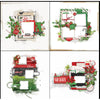Four Christmas-themed design elements with wreaths, ribbons, and text on a white background.