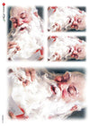 A sheet of decorative paper featuring multiple artistic close-up illustrations of Santa Claus with a long white beard, red cheeks, and a red hat, arranged in a collage layout.
