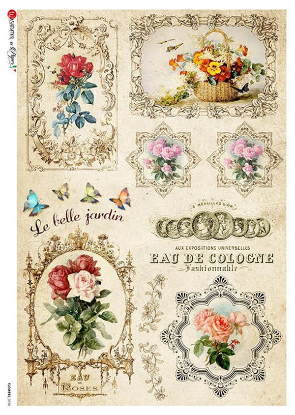Paper Designs LE BELLE Jardin Rose Scene A4 Decoupage Rice Paper FLOWERS 0330
