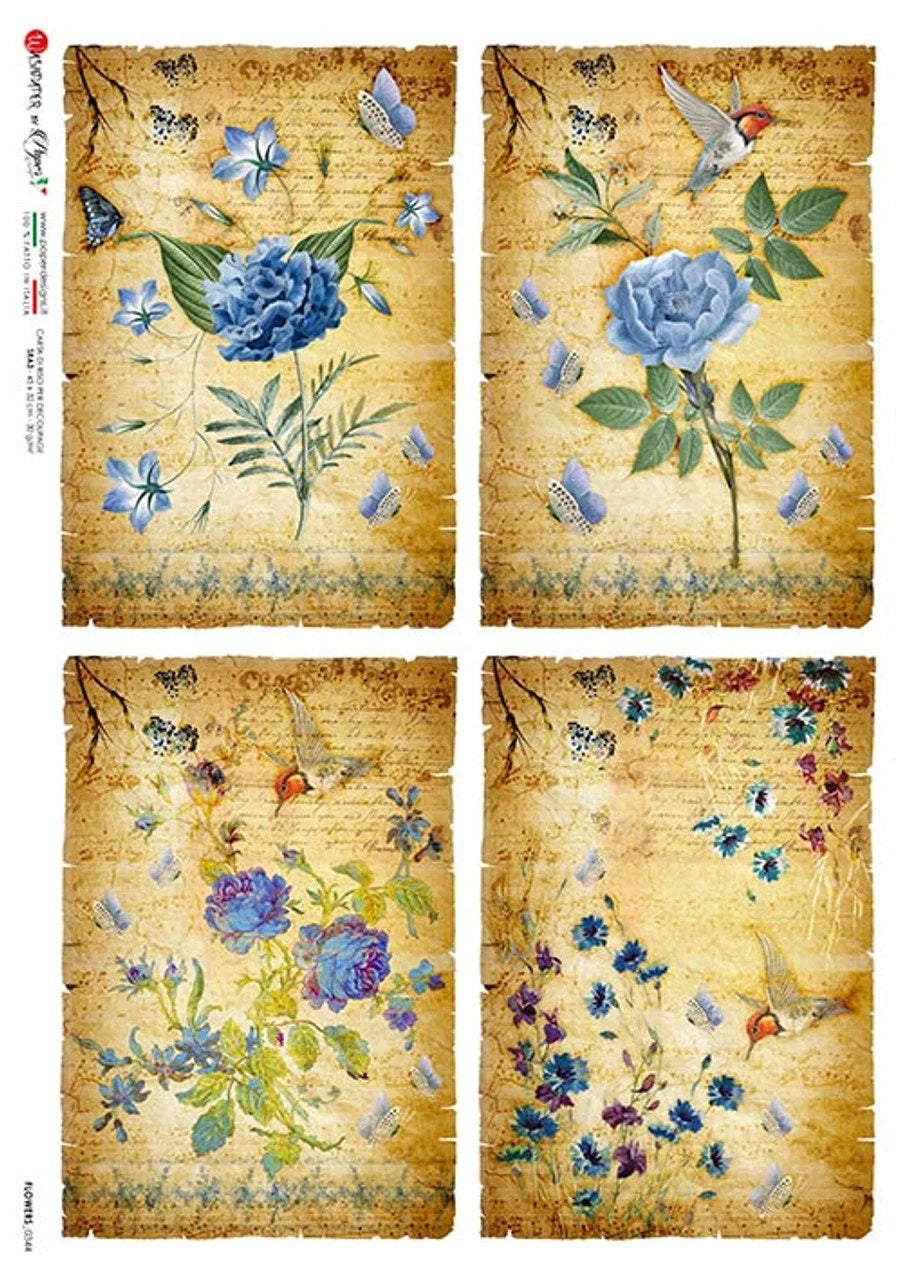 Paper Designs Blue Flowers Decoupage Rice Paper - A4 Floral Scenes