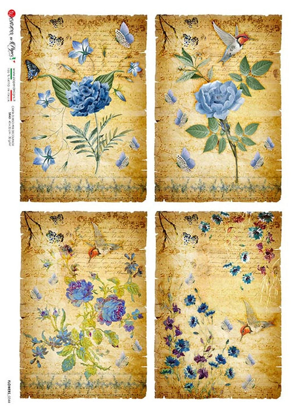 Paper Designs Blue Flowers Decoupage Rice Paper - A4 Floral Scenes