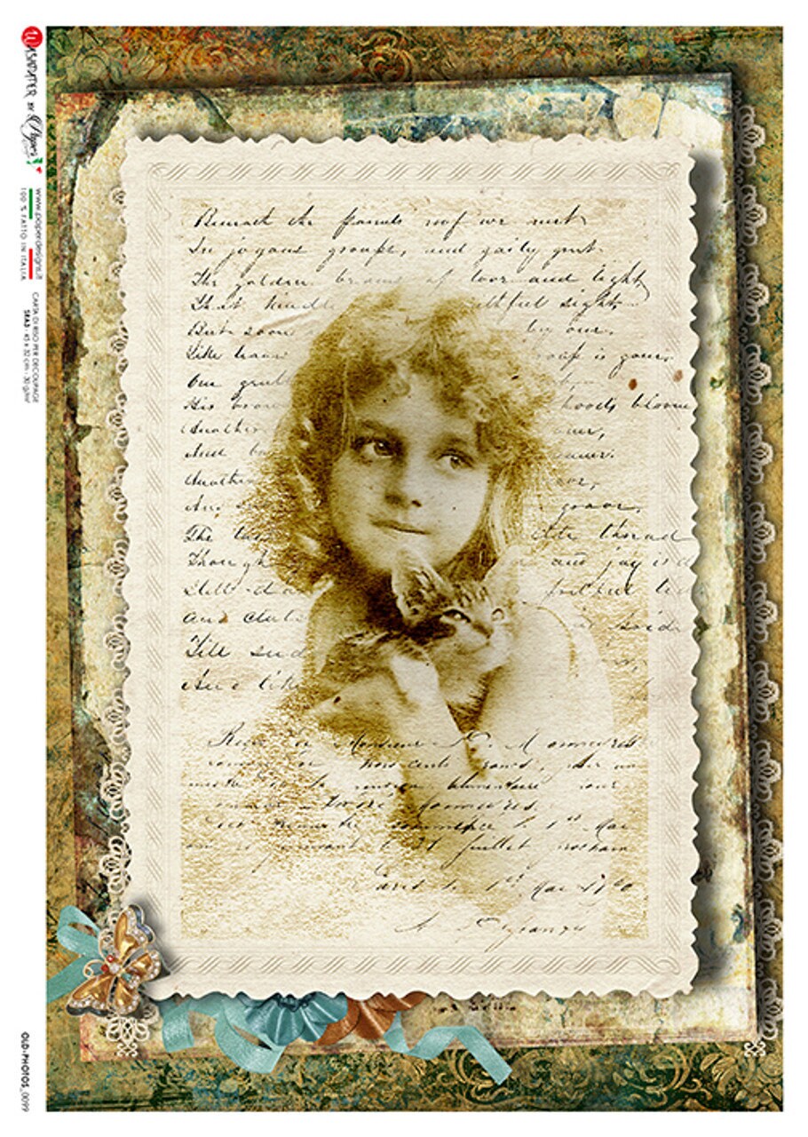 Vintage-style photo of a child holding a cat on a textured background with text and decorative elements.