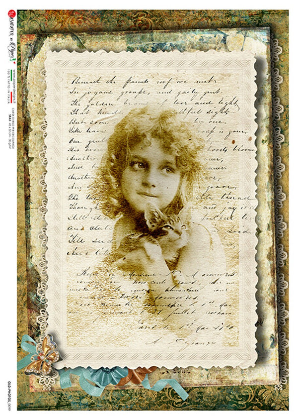 Vintage-style photo of a child holding a cat on a textured background with text and decorative elements.