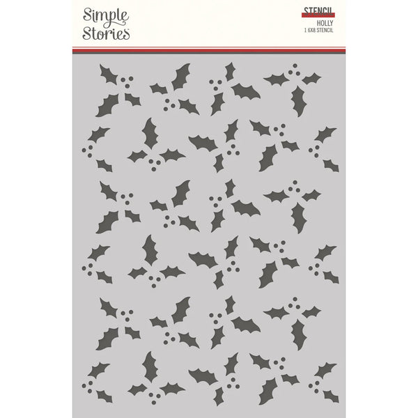 Stencil with holly leaf pattern on a gray background, brand 'Simple Stories' visible