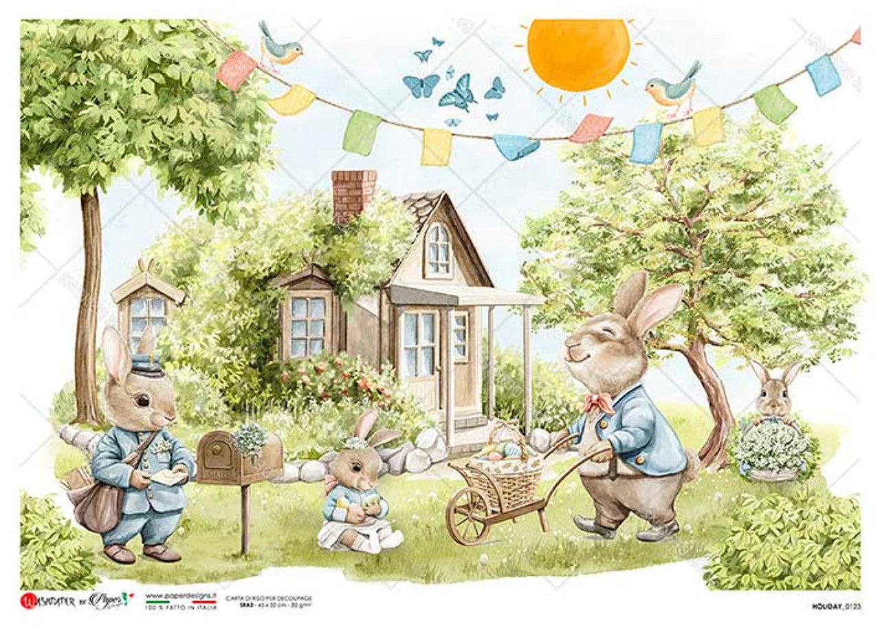 A whimsical illustrated scene showing several rabbits in a garden beside a small house, with a sun, colorful bunting, butterflies, birds, and trees. This appears to be the artwork itself rather than a photo of a physical product in a real environment, so the best fit is Scenery.