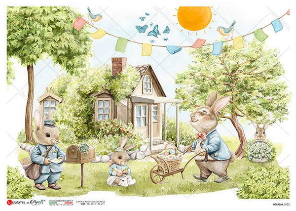 A whimsical illustrated scene showing several rabbits in a garden beside a small house, with a sun, colorful bunting, butterflies, birds, and trees. This appears to be the artwork itself rather than a photo of a physical product in a real environment, so the best fit is Scenery.