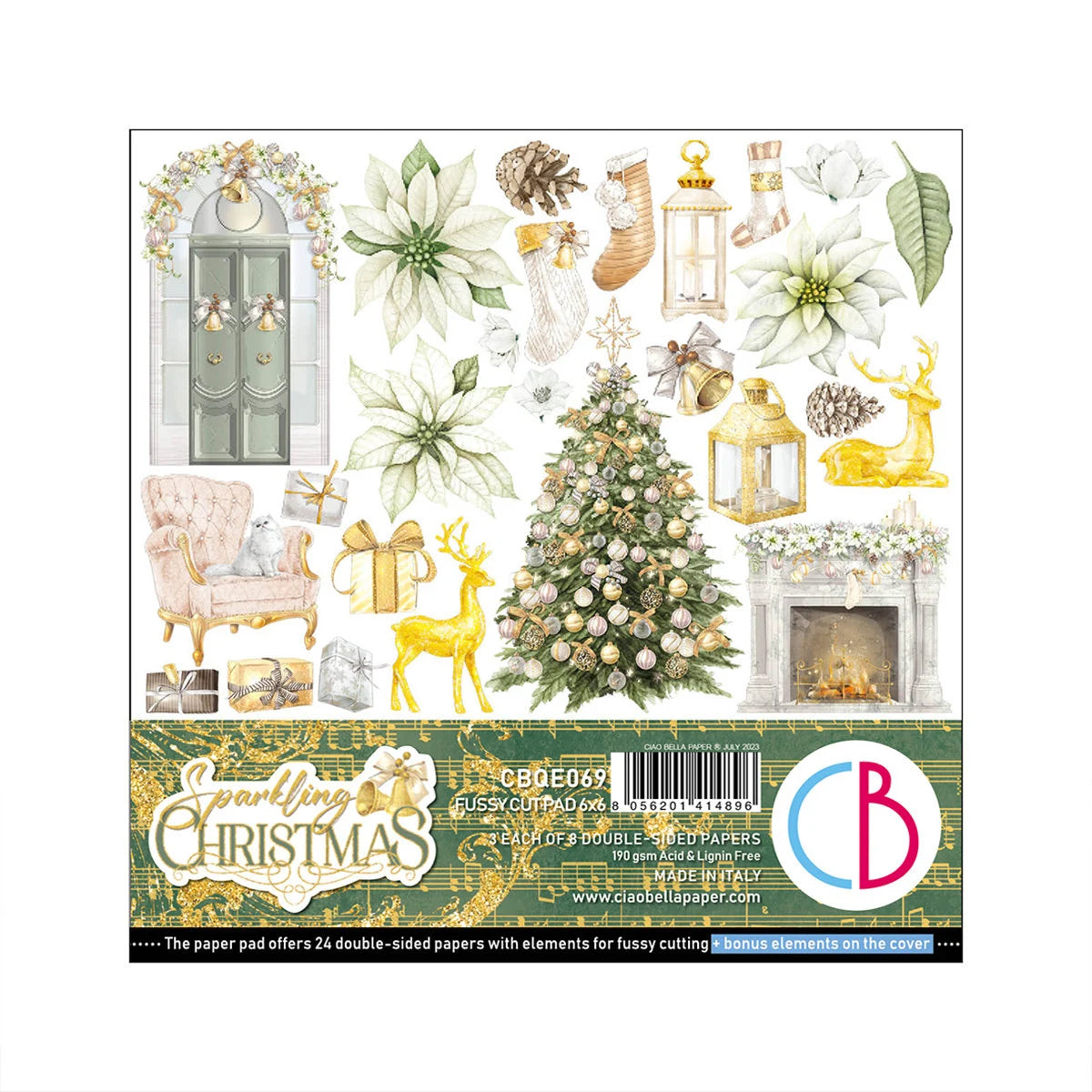 Ciao Bella SPARKLING CHRISTMAS 6X6 Fussy Cut Paper Pad 24 Sheets #CBQE069