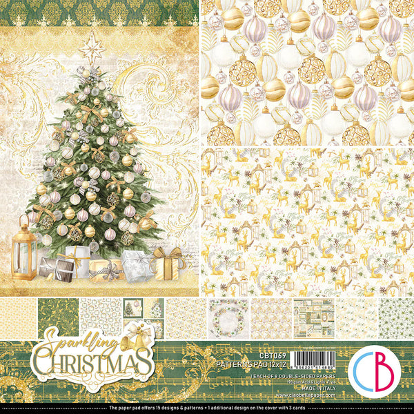 Collection of Christmas-themed paper designs with a tree, presents, and patterns.