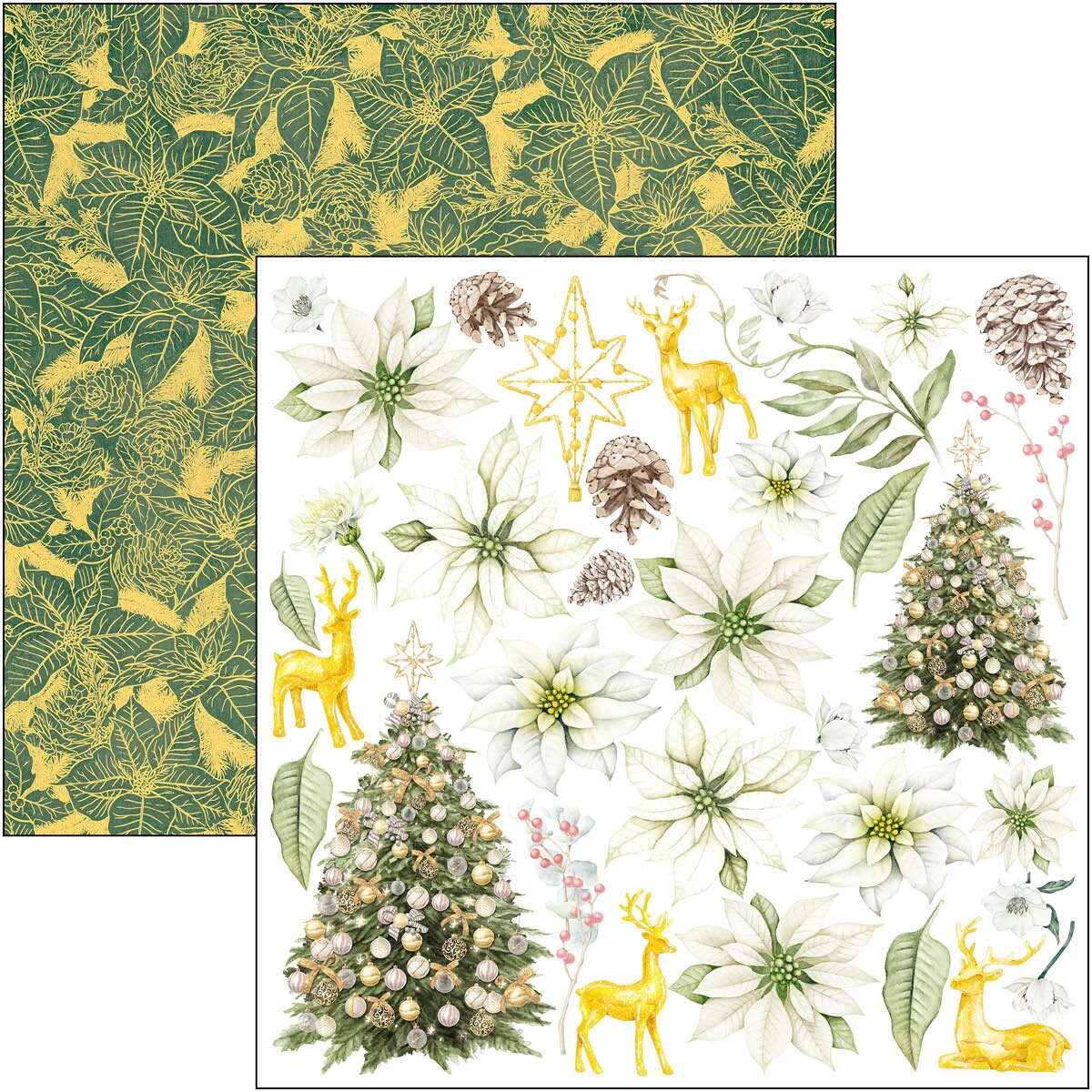 Set of Christmas-themed paper designs with green leaves, white flowers, reindeer, and trees.