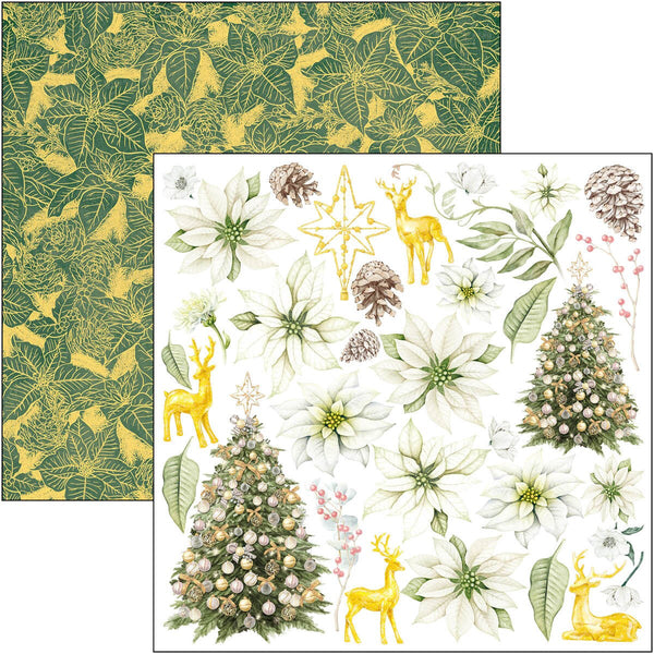 Set of Christmas-themed paper designs with green leaves, white flowers, reindeer, and trees.