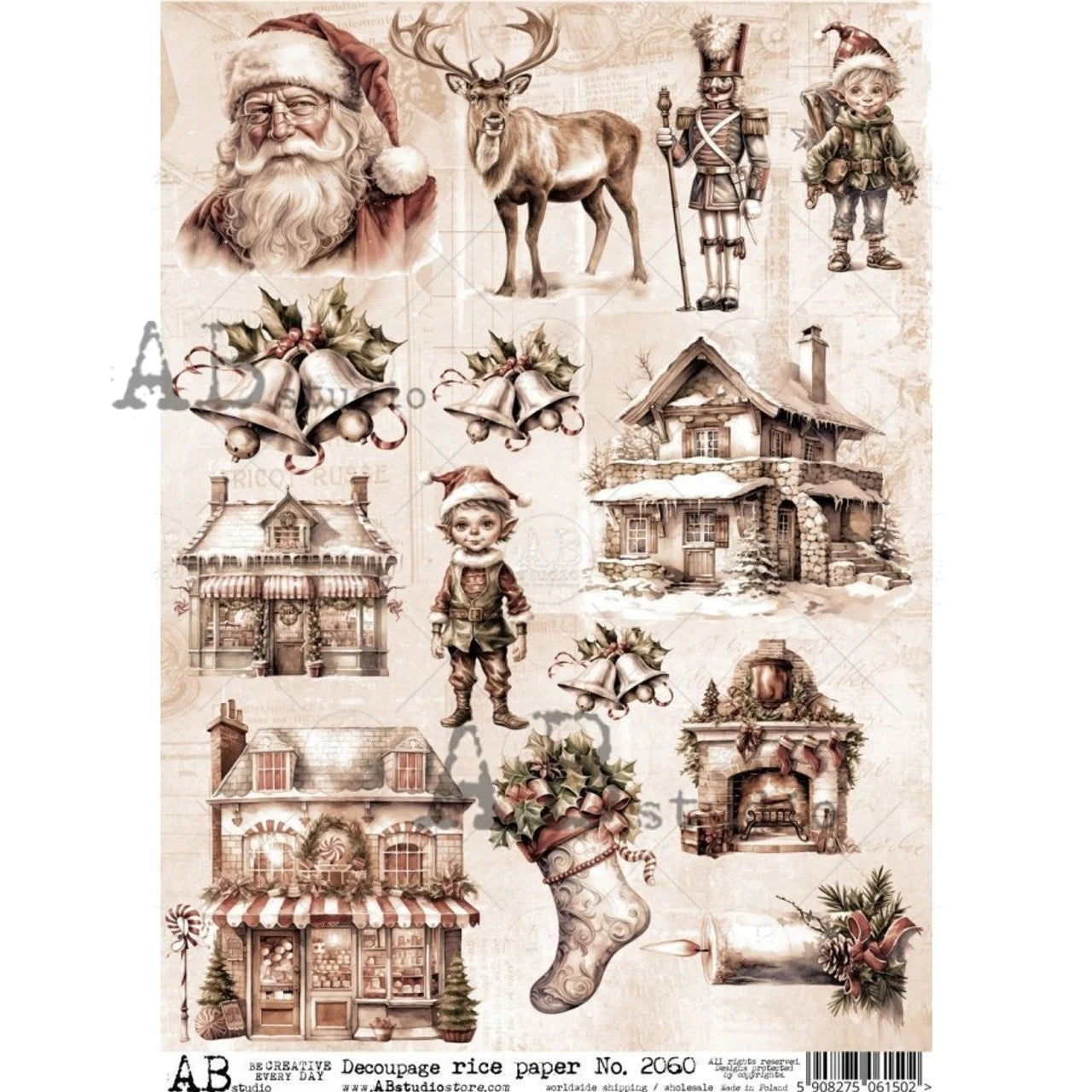 AB Studios Sepia Elves and Holiday Stores A4 Decoupage Rice Paper #2060