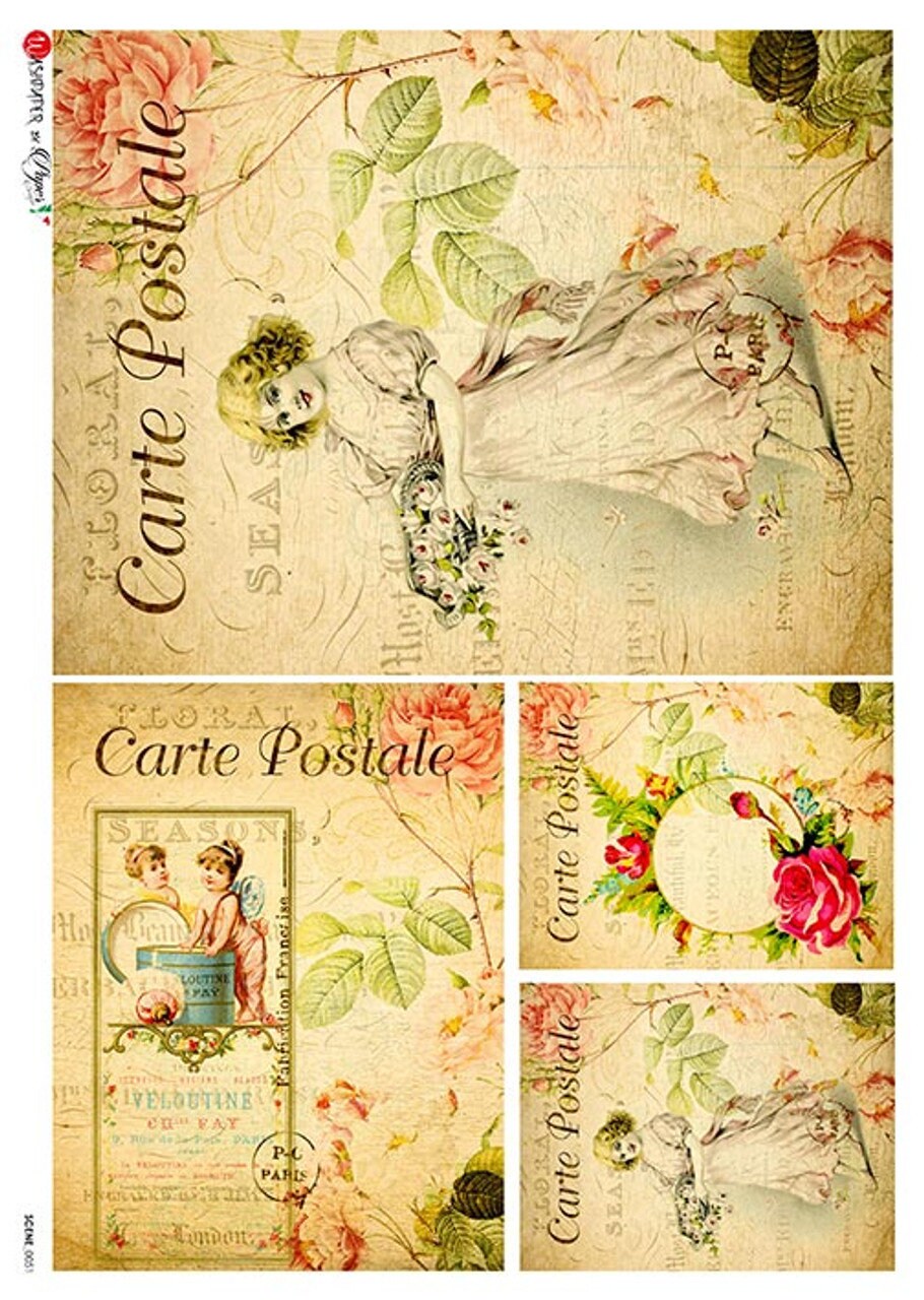 Paper Designs CARTE POSTAL Seasons Girl with Basket A4 Decoupage Rice Paper #SCENE0051