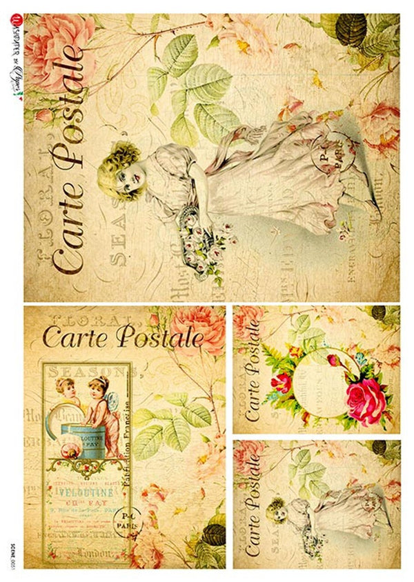 Paper Designs CARTE POSTAL Seasons Girl with Basket A4 Decoupage Rice Paper #SCENE0051