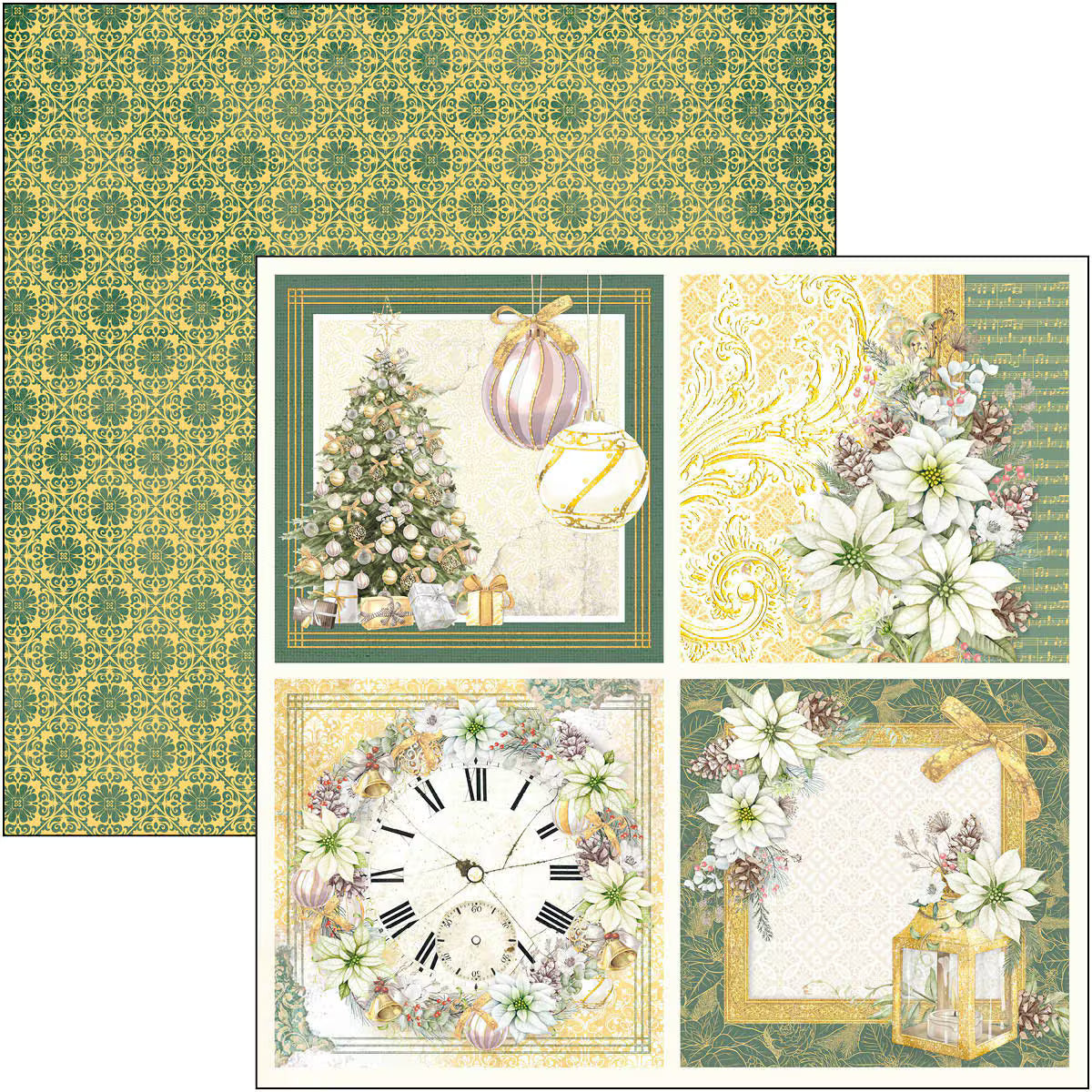 Collection of decorative paper sheets with Christmas-themed designs including a tree, flowers, and lanterns.