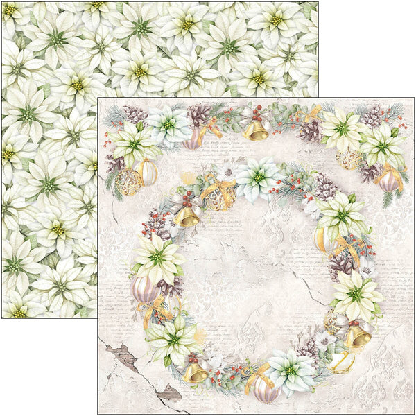 Two floral designs with white poinsettias and decorative elements on a textured background.