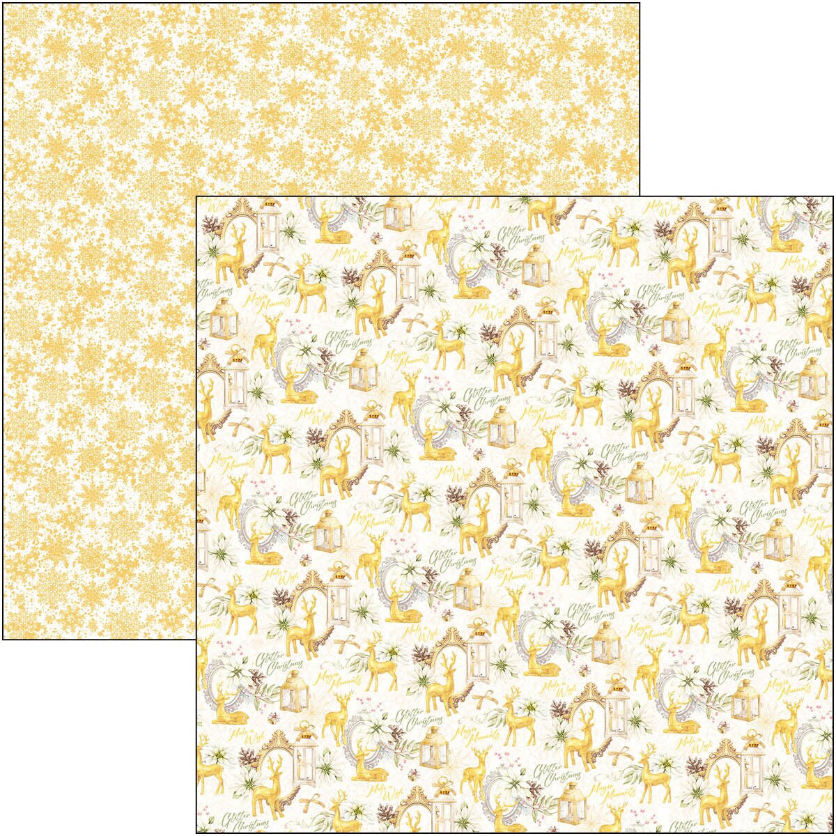 Two patterns of deer and floral designs on a white background