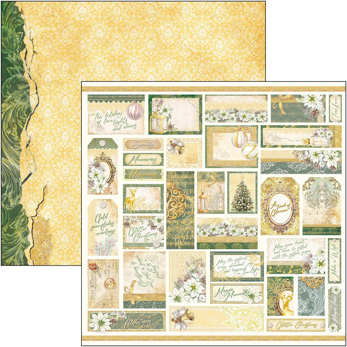 Collection of decorative paper pieces with various designs and text on a gold and green background.