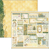 Collection of decorative paper pieces with various designs and text on a gold and green background.