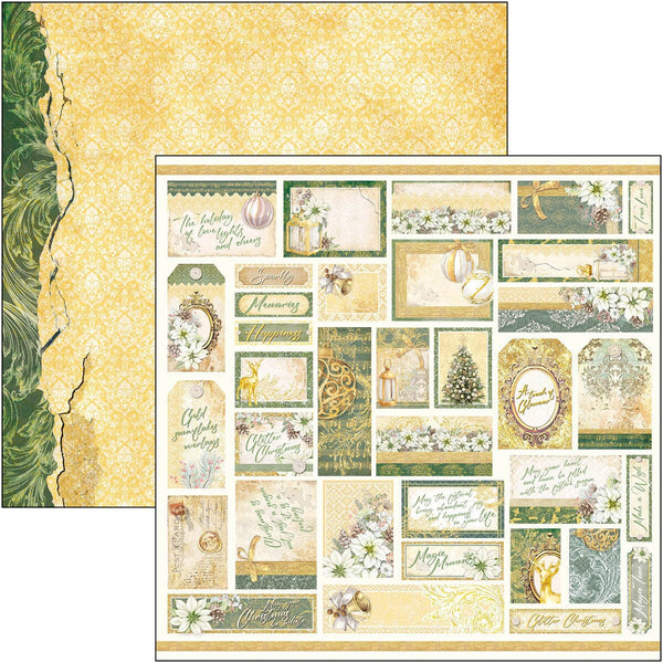 Collection of decorative paper pieces with various designs and text on a gold and green background.