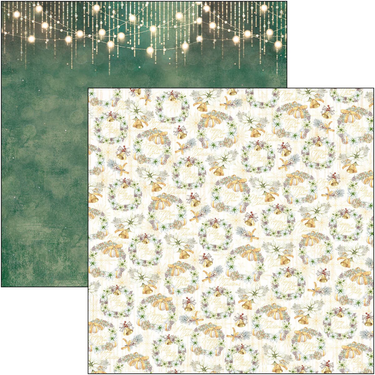 Two pieces of paper with festive designs, one green and one with wreaths and lights.