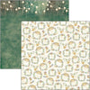 Two pieces of paper with festive designs, one green and one with wreaths and lights.