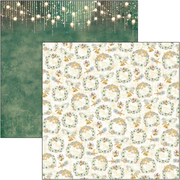 Two pieces of paper with festive designs, one green and one with wreaths and lights.