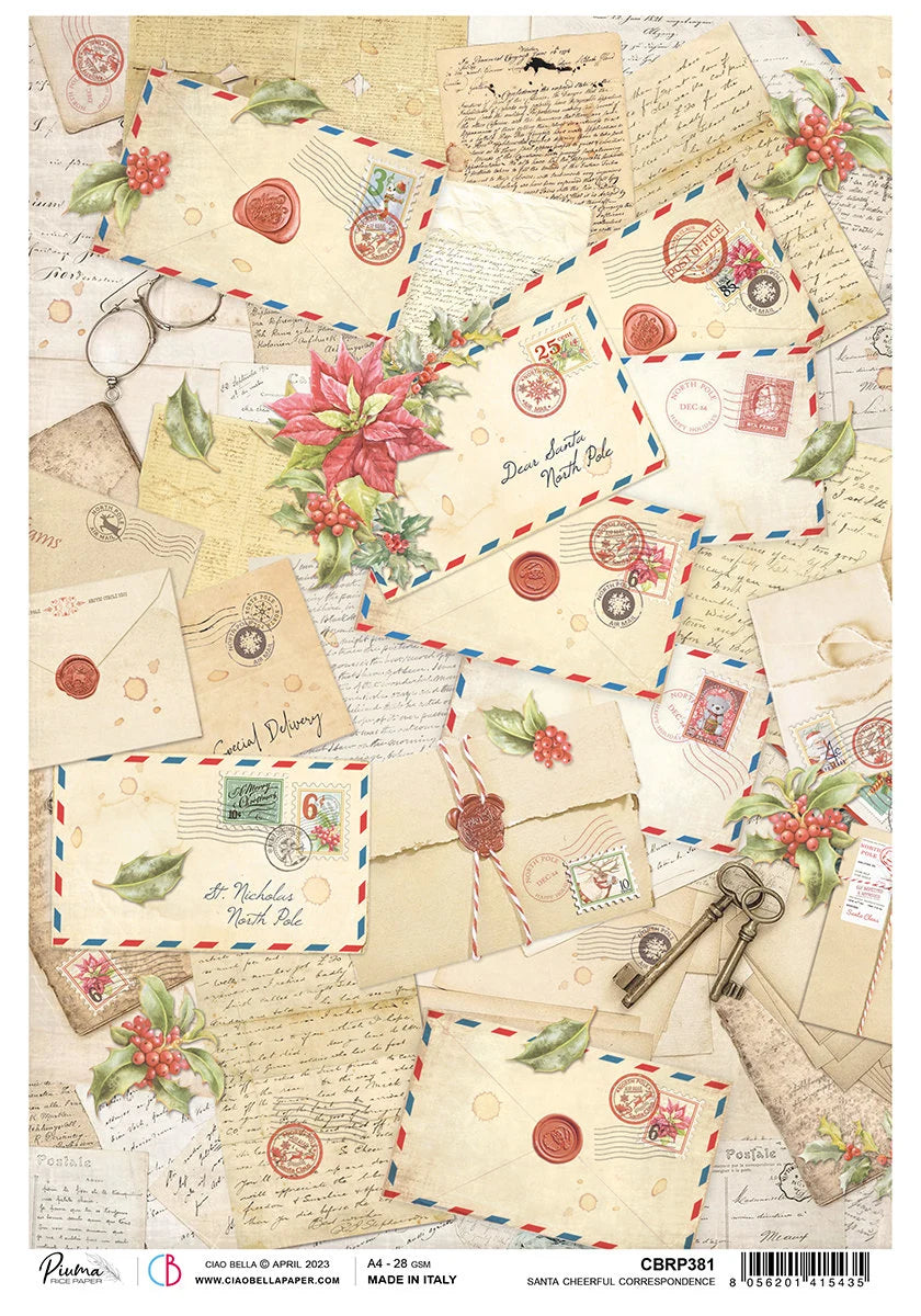 Ciao Bella Dear Santa Christmas CHEERFUL CORRESPONDENCE Decoupage Rice Paper A4 #CBRP381