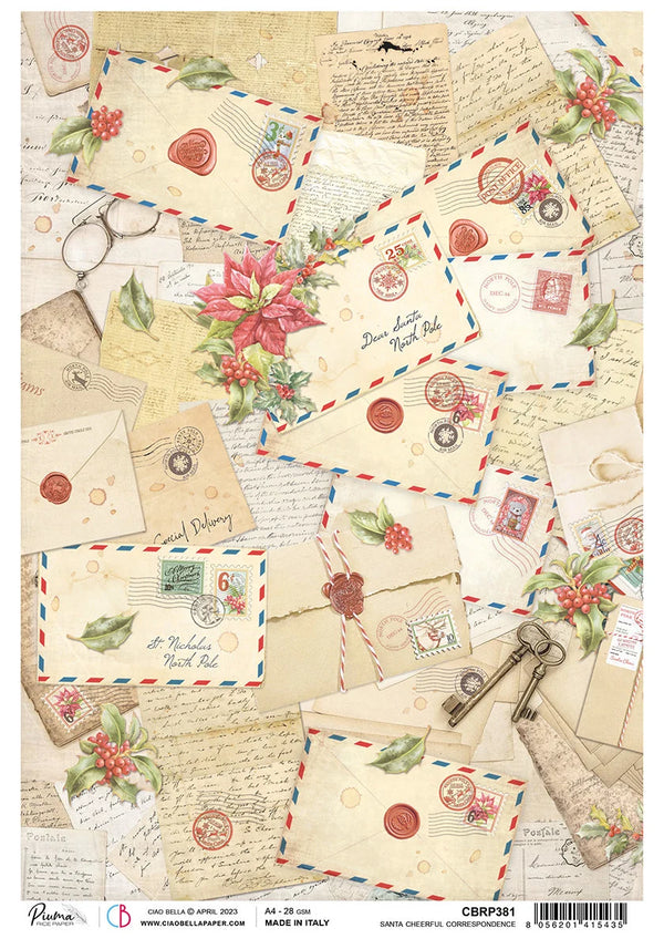 Ciao Bella Dear Santa Christmas CHEERFUL CORRESPONDENCE Decoupage Rice Paper A4 #CBRP381