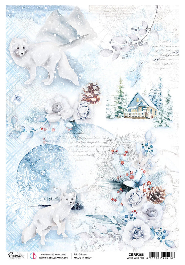 Ciao Bella Winter Journey WHITE WILD FOX Decoupage Rice Paper A4 #CBRP366