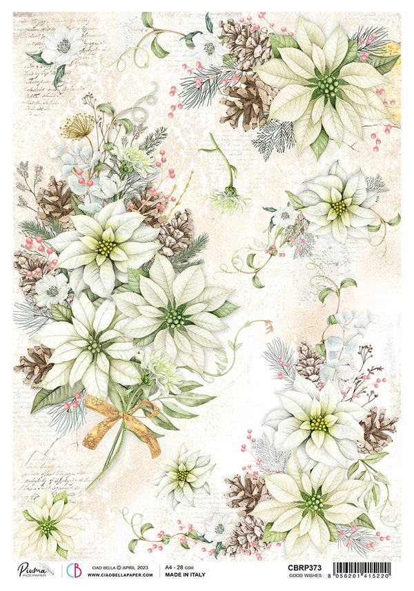Ciao Bella Sparkling Christmas GOOD WISHES Decoupage Rice Paper A4 #CBRP373