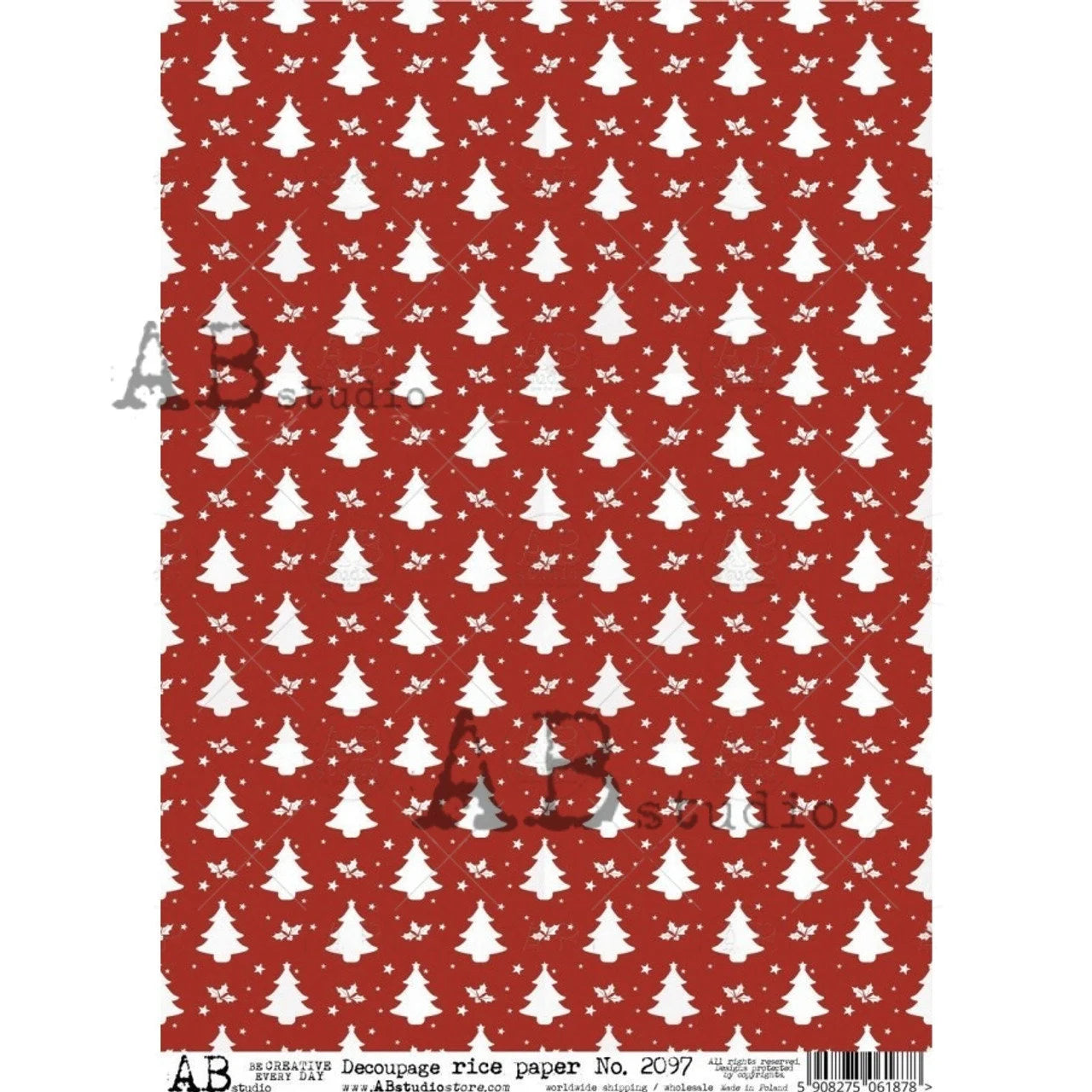 AB Studios RED CHRISTMAS Tree Pattern A4 Decoupage Rice Paper #2097