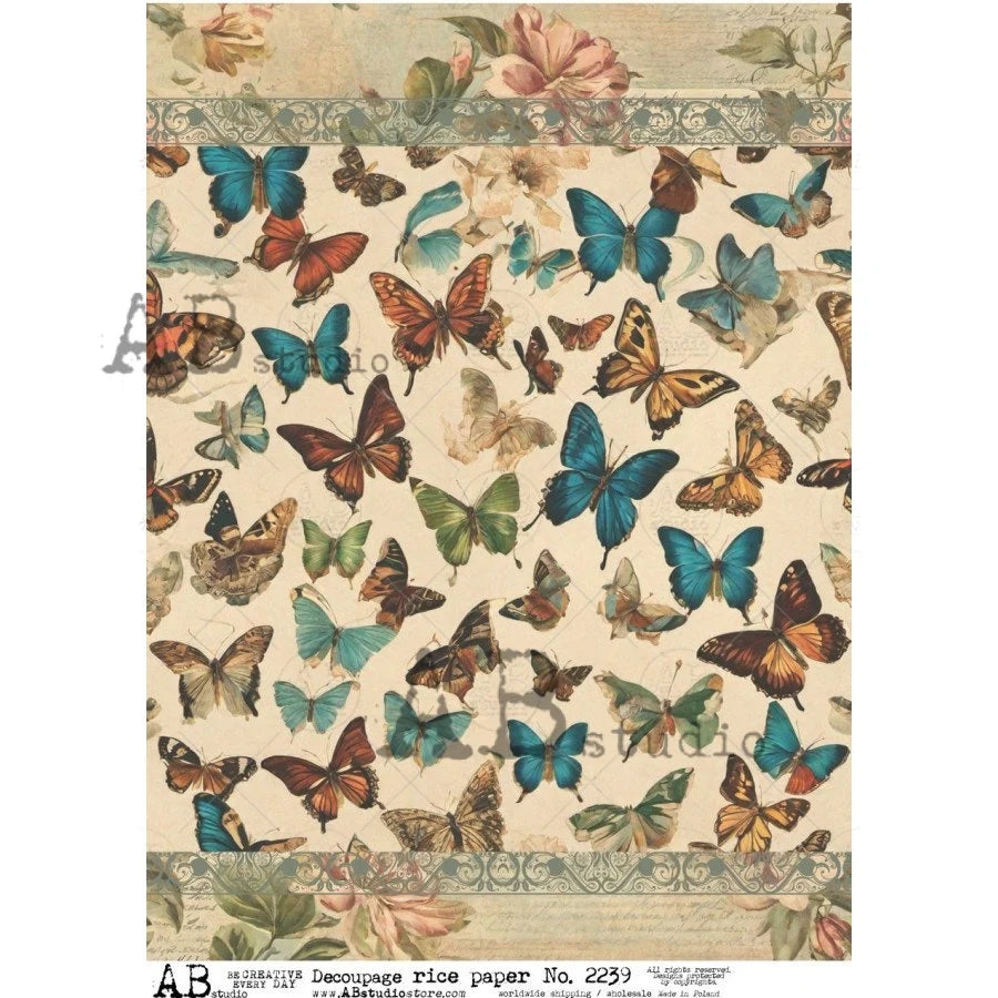 AB Studios VINTAGE BUTTERFLIES A4 Decoupage Rice Paper #2239