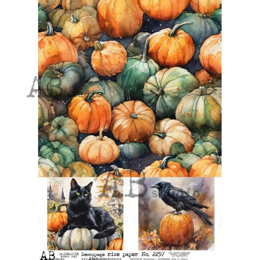 Decorative paper with pumpkins and a black cat and crow design.