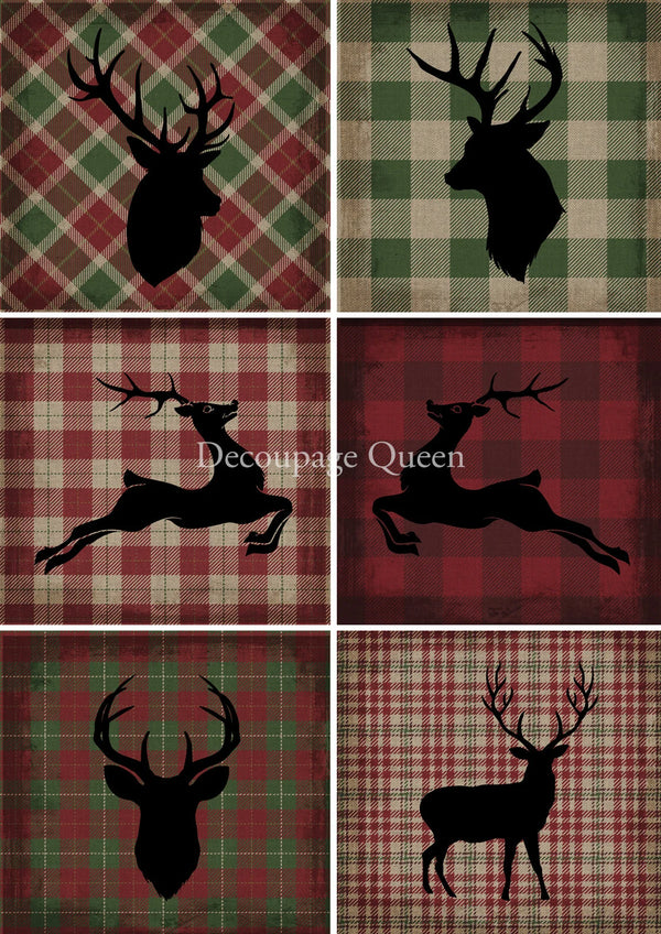 Decoupage Queen CHRISTMAS PLAID Deer A4 Rice Paper DQRP0525