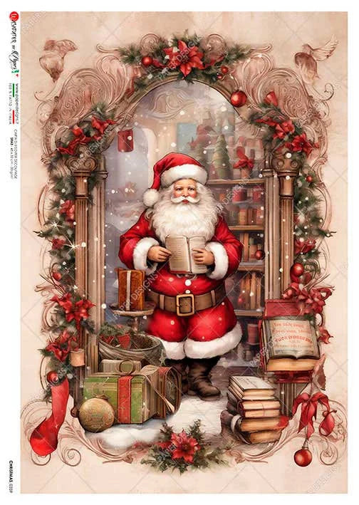 Paper Designs SANTA in his STUDY- A4 Decoupage Rice Paper #CHRISTMAS 0359