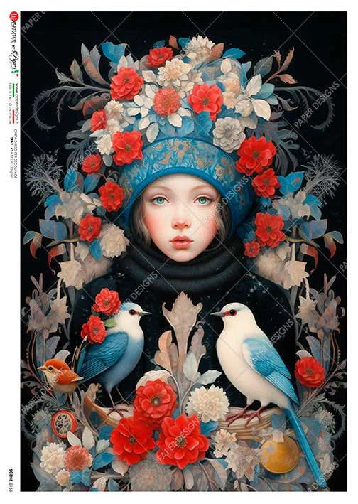 Paper Designs BLUE and RED Headdress Festive Winter Lady A4 Decoupage Rice Paper #SCENE 0153