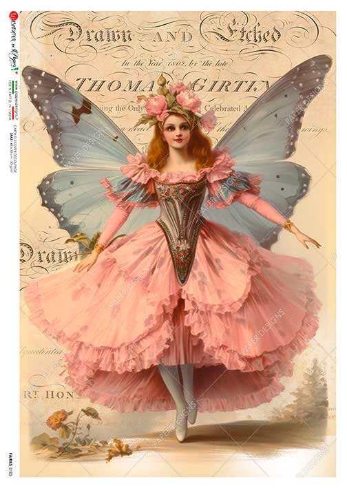 Vintage-style illustration of a fairy in a pink dress with butterfly wings on a decorative background.