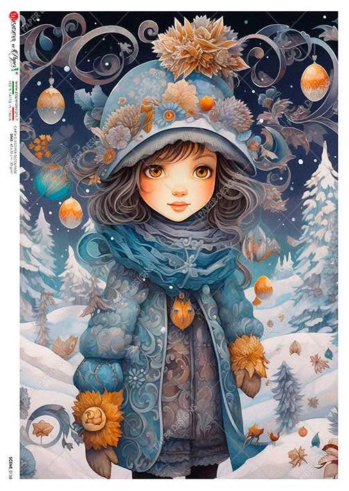 Illustration of a girl in a winter coat and hat with decorative elements in a snowy landscape.