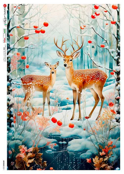 Paper Designs BUCK and DEER Winter Scene A4 Decoupage Rice Paper #ANIMALS 0211