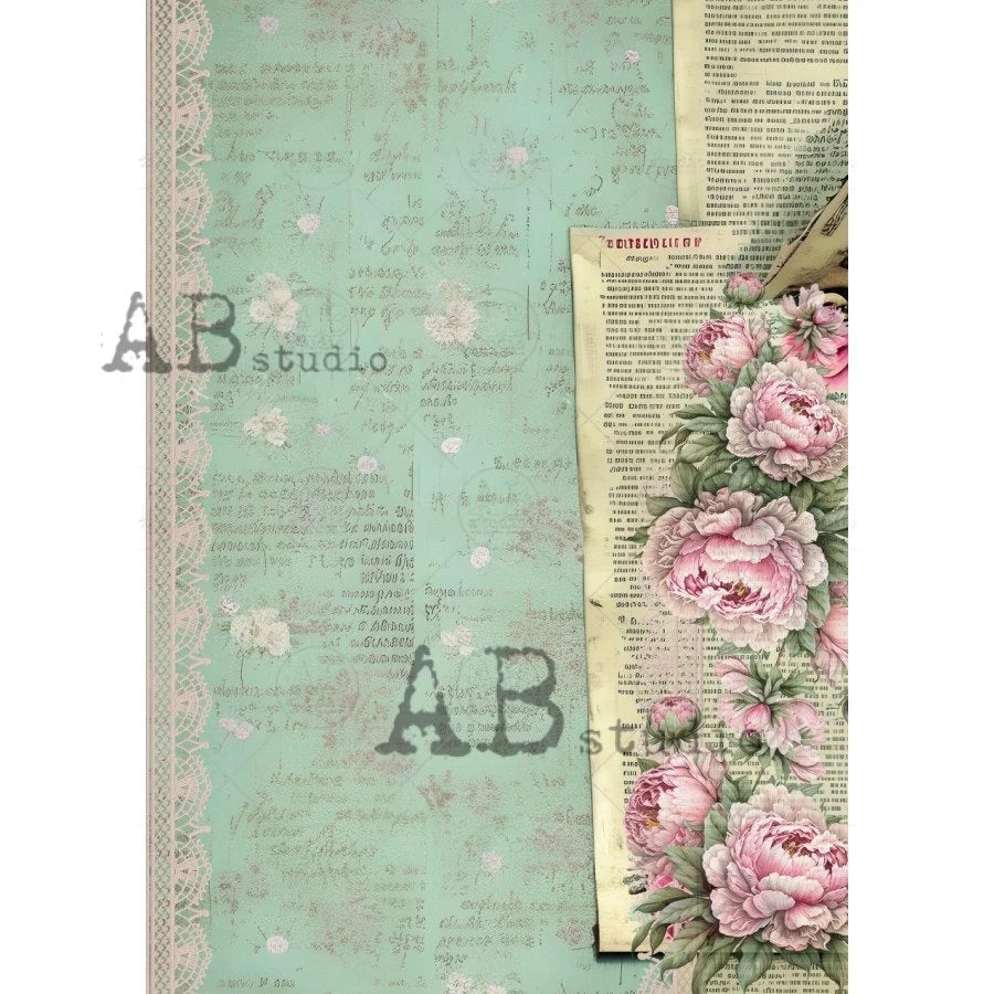 AB Studio Pistachio GREEN LETTERS and Roses A4 Decoupage Rice Paper #1788