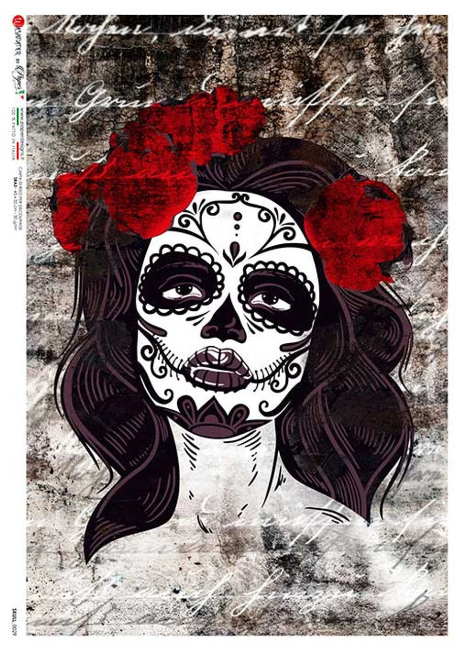 Paper Designs DIA de los MUERTOS Red Roses - A4 Decoupage Rice Paper #SKULL 0029