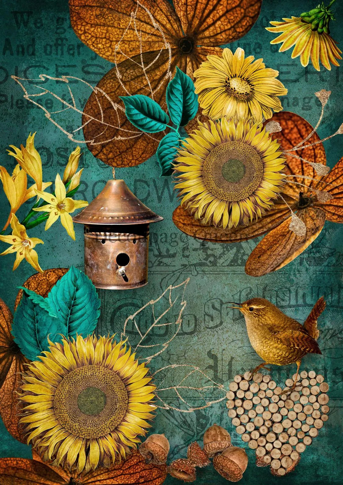 Decoupage Queen AUTUMN SUNFLOWERS A4 Rice Paper Flowers birds DQRP0490